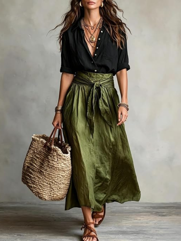 VERA™ - ELEGANT TWO-PIECE SUMMER SET: BLACK BLOUSE &amp; OLIVE SKIRT